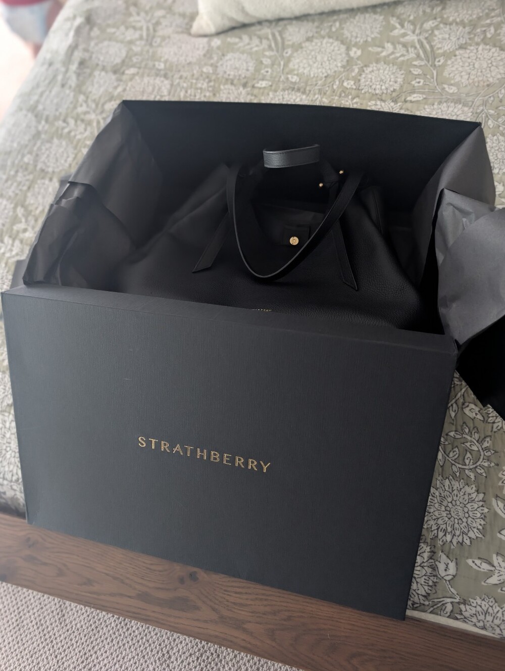 Strathberry Black Leather Tote with Gold Accent; Comes In Box With Card Id